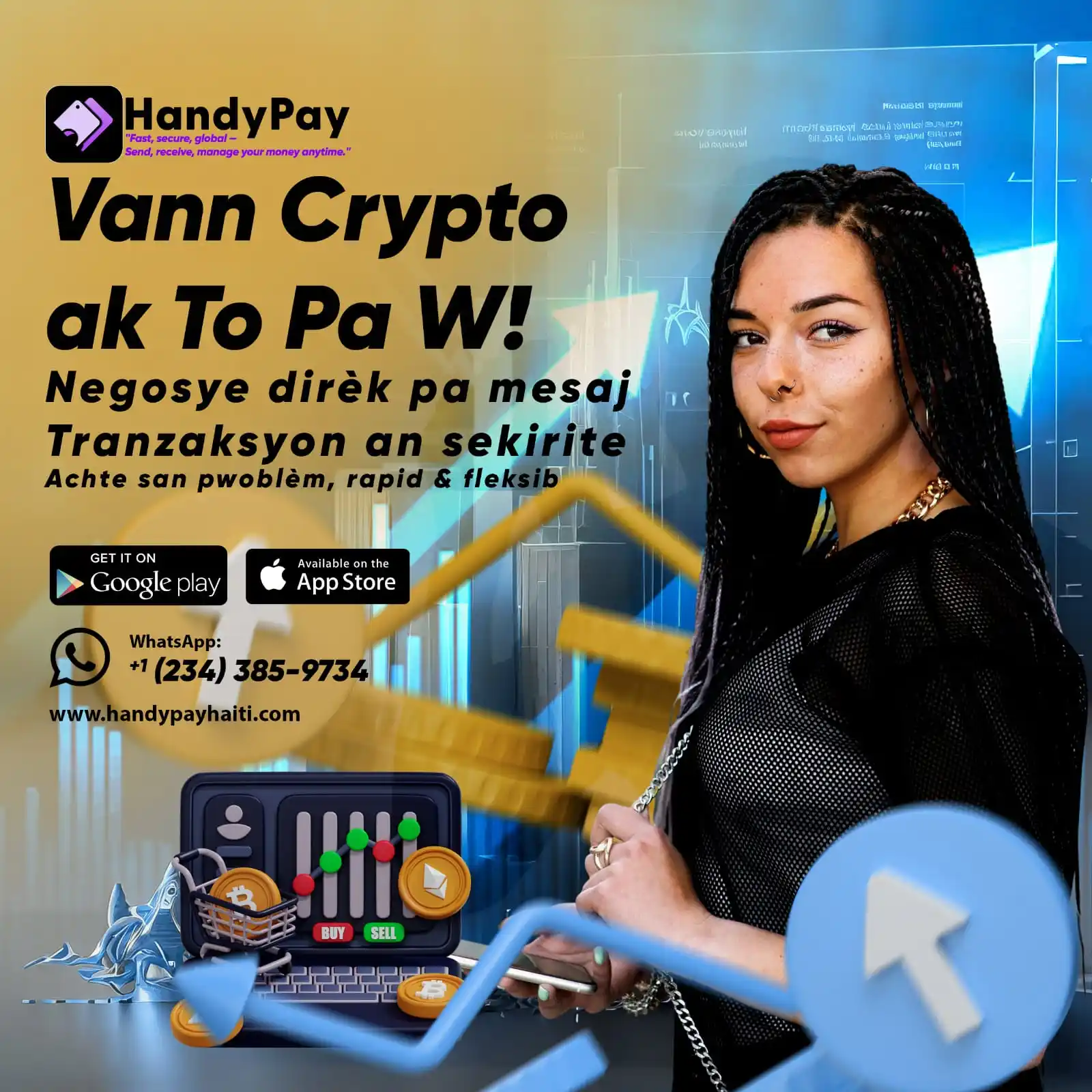 Image from HandyPay LLC: *Vann crypto ou pi fasil ak HandyPay!* > Nouvo fonksyon P2P lan pèmèt ...