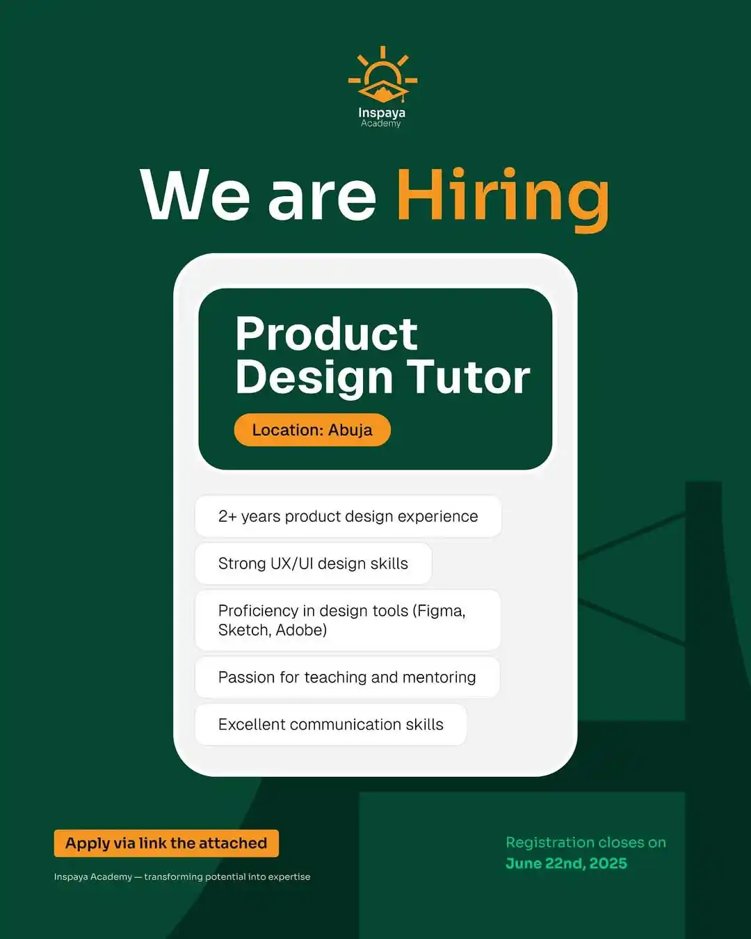 Image from Verifiable Jobs/ Opportunities With #AdetolaElegbeje: We’re hiring at Inspaya Academy! Are you passionate about Product Des...