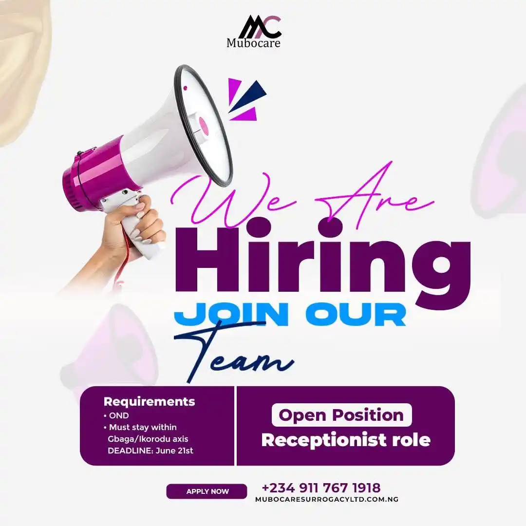 Image from Verifiable Jobs/ Opportunities With #AdetolaElegbeje: 🔔 WE’RE HIRING: RECEPTIONIST WANTED! 🔔 Location: 110, Forever Plaza,...