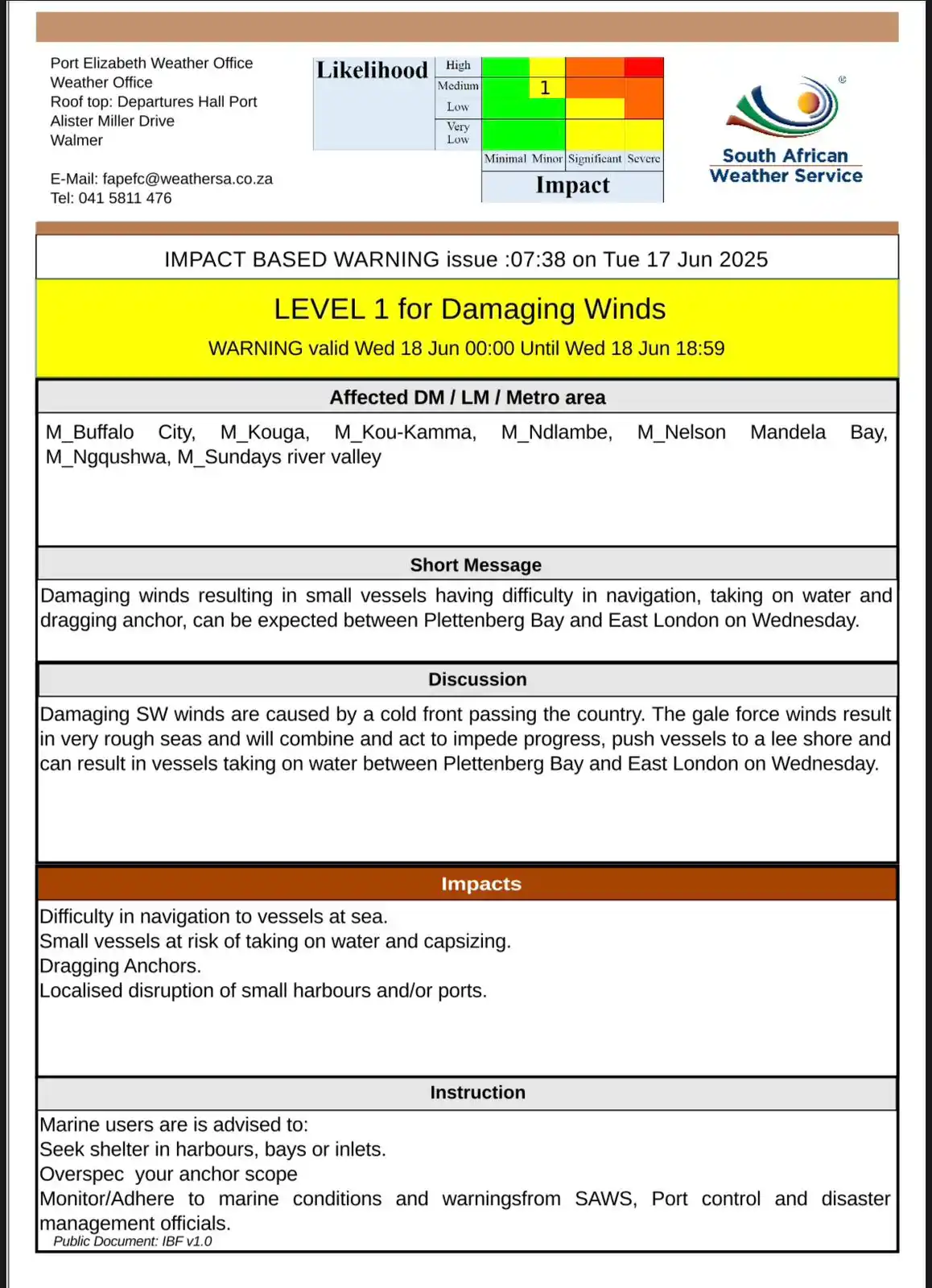 Image from Nelson Mandela Bay Municipality : WEATHER ALERT ‼️ LEVEL 1 FOR DAMAGING WINDS Damaging winds may make...