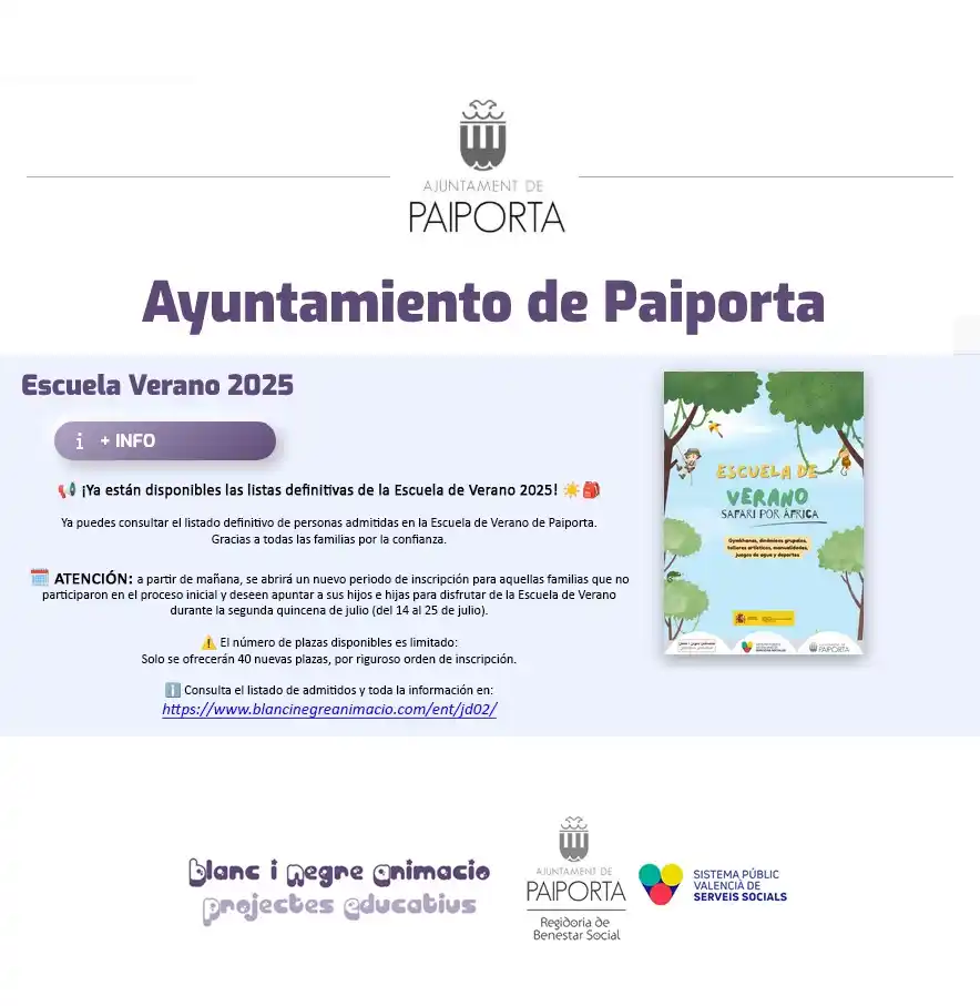 Image from Ajuntament de Paiporta: 📢 ¡Ya están disponibles las listas definitivas de la Escuela de Veran...
