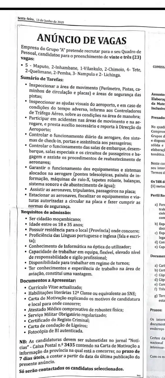 Image from News Online Moz Condutores Lda: ANÚNCIO DE VAGAS Empresa do Grupo "A" pretende recrutar para o seu Qua...
