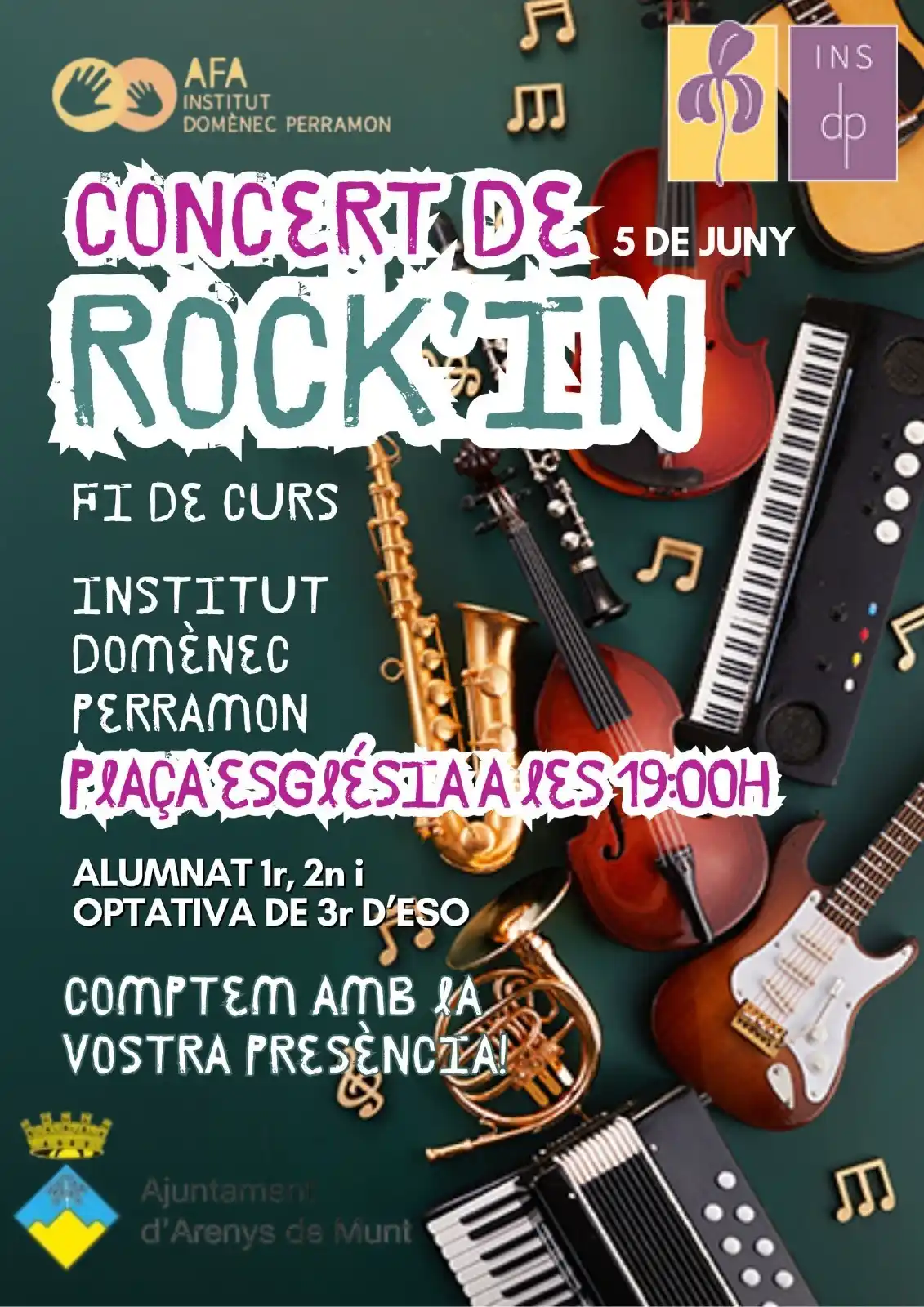 Image from Ajuntament d'Arenys de Munt: 🎸 CONCERT DE ROCK’IN 🎤 📍 Plaça de l'Església 📅 5 de juny 🕖 A les ...