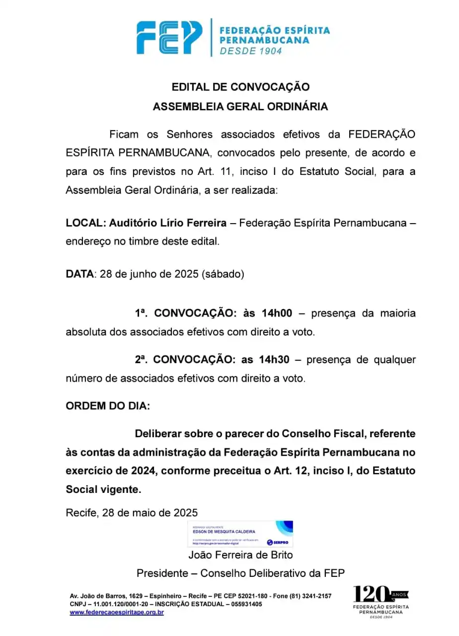 Image from Federação Espírita Pernambucana: *Convocação Assembleia Geral Ordinária - AGO* A presidência do Consel...