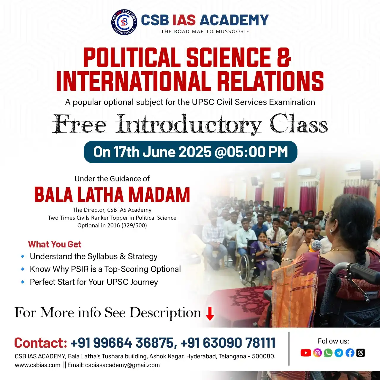 Image from Bala Latha Madam: 📢 FREE INTRODUCTORY CLASS – UPSC PSIR OPTIONAL 🚀 Gear up for UPSC C...