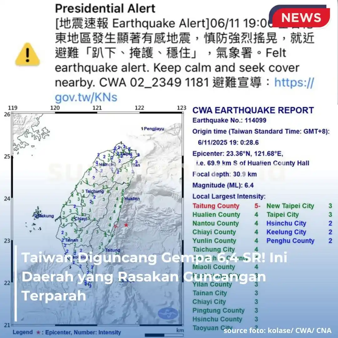 Image from SuaraBMI: Gempa bumi berkekuatan 6,4 SR mengguncang wilayah timur Taiwan pada Ra...