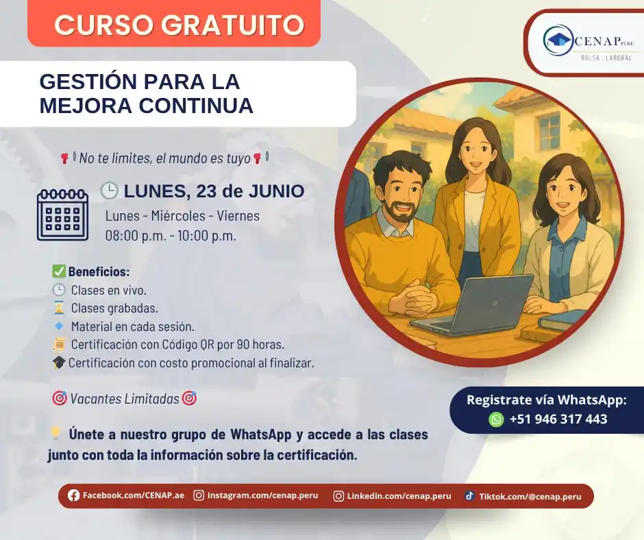 Image from Convocatorias Neg. Internacionales: Empleos - Prácticas - Capacitaciones: 📊 *Gestión para la Mejora Continua* 🧑🏫📈 ¿Quieres aportar valor a...