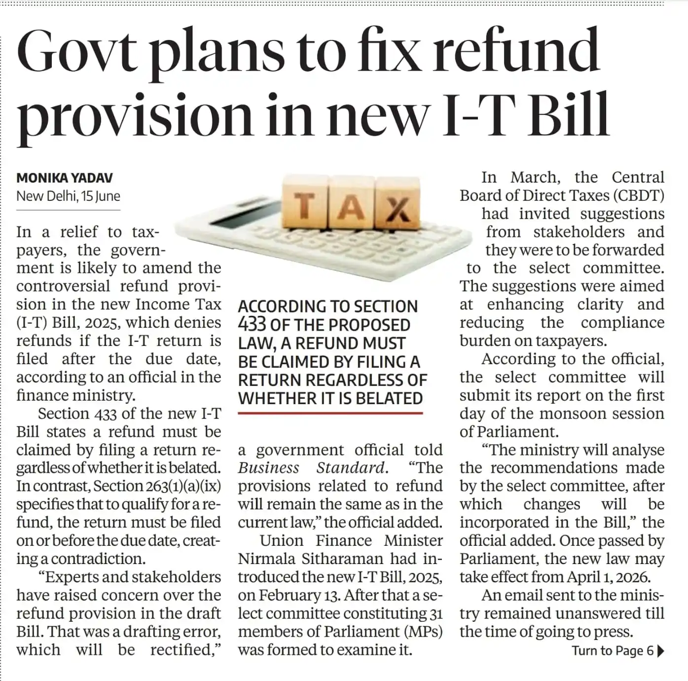 Image from Prateek Garg & Company: Govt Plans to Fix Refund Provision in New I-T Bill The government may...