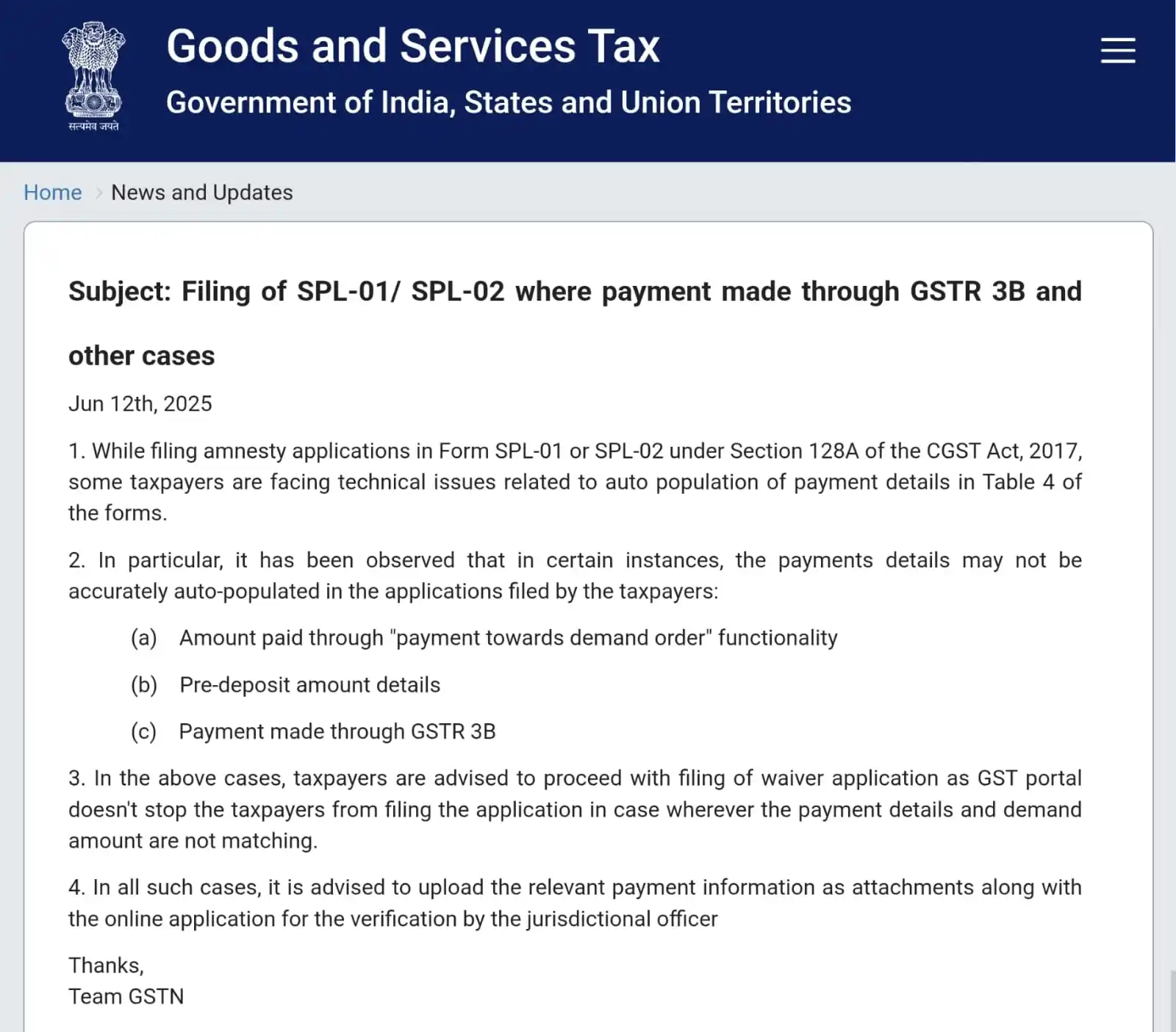 Image from Prateek Garg & Company: GSTN Advisory : Filing of SPL-01/ SPL-02 where payment made through GS...