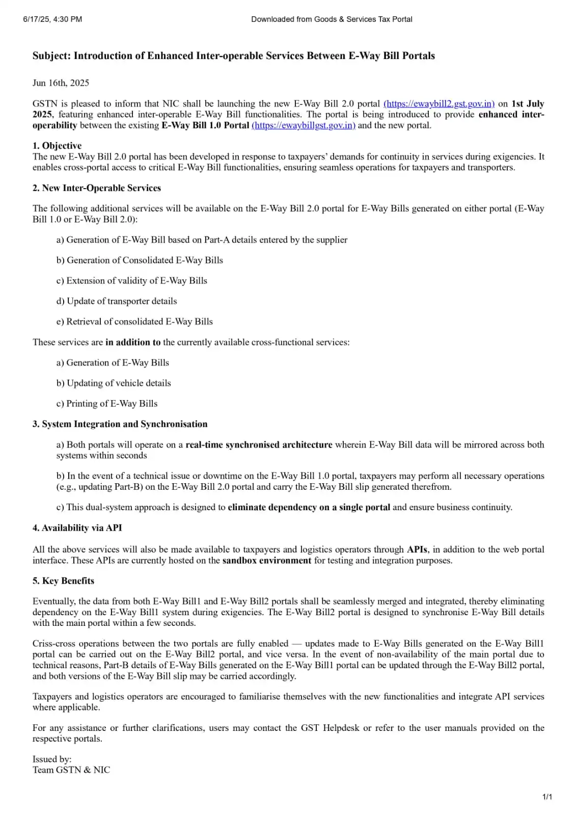 Image from Prateek Garg & Company: 📢 GSTN Update Introduction of Enhanced Inter-operable Services Betwee...