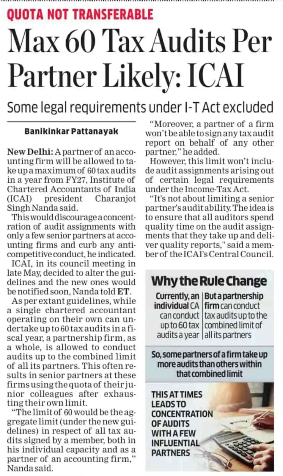 Image from Prateek Garg & Company: ICAI Likely to Cap Tax Audits at 60 per Partner from FY27 ICAI plans ...