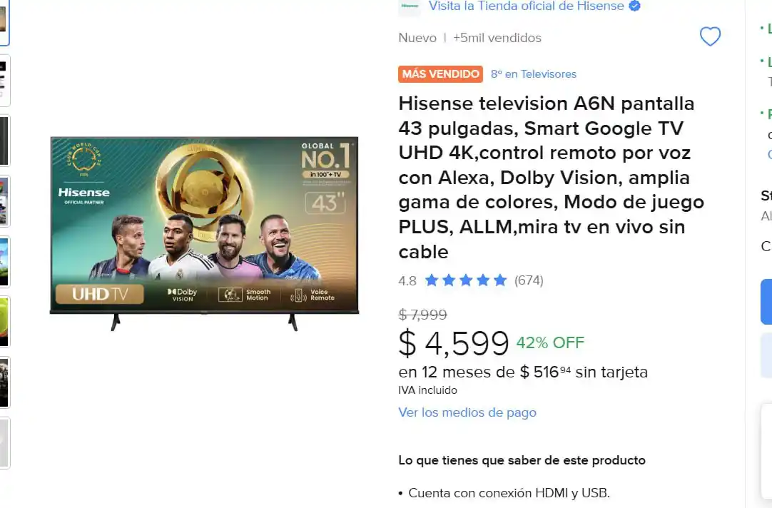 Image from Ofertones México : ¡IMPRESIONANTE TELEVISOR HISENSE A6N DE 43" UHD 4K! 📺✨ MercadoLibre: ...