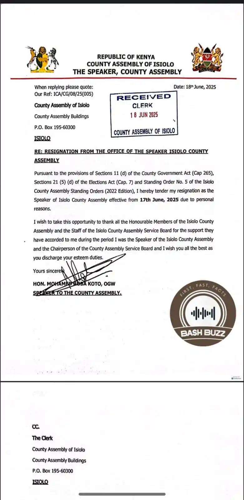 Image from BashBuzz: Isiolo Speaker Roba Resigns Amid Fallout Over Governor Guyo Impeachmen...