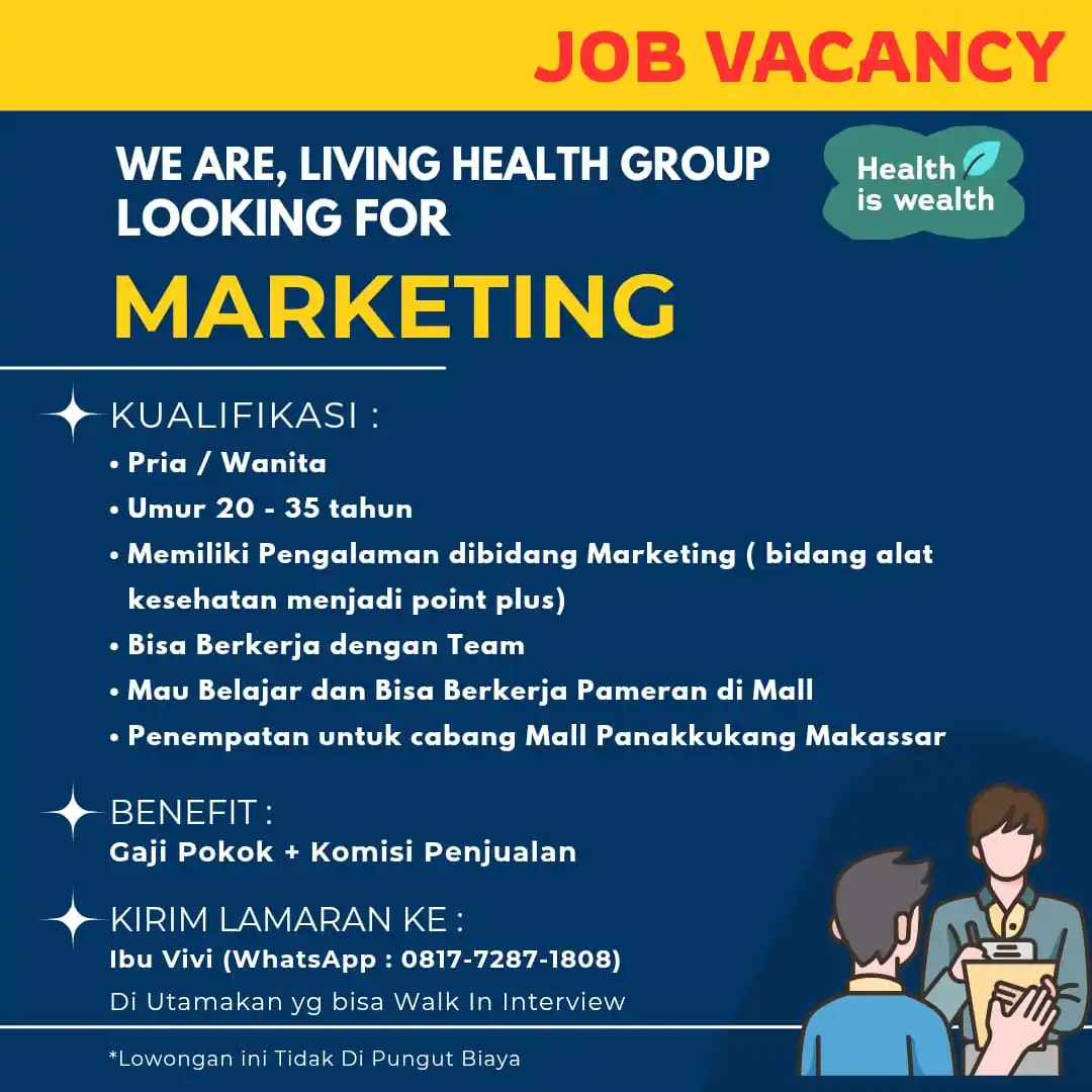 Image from Loker Makassar Terkini: Lowongan Marketing Living Health Group untuk penempatan Pameran di Mal...