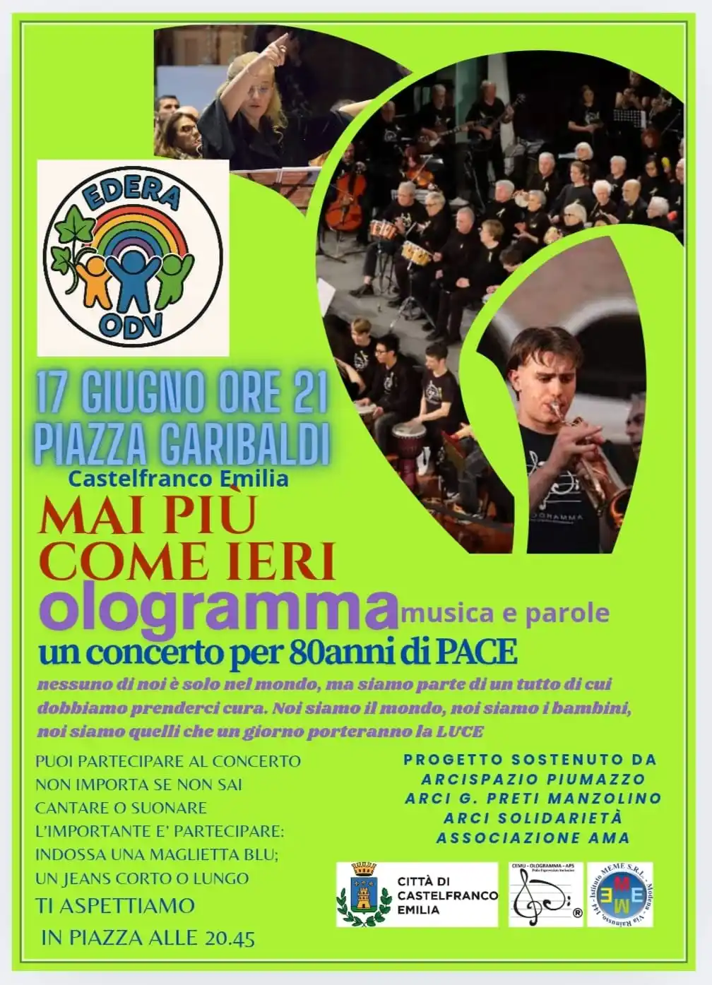 Image from Città di Castelfranco Emilia: 🎶 Mai più come ieri – Ologramma: musica e parole per 80 anni di PACE ...