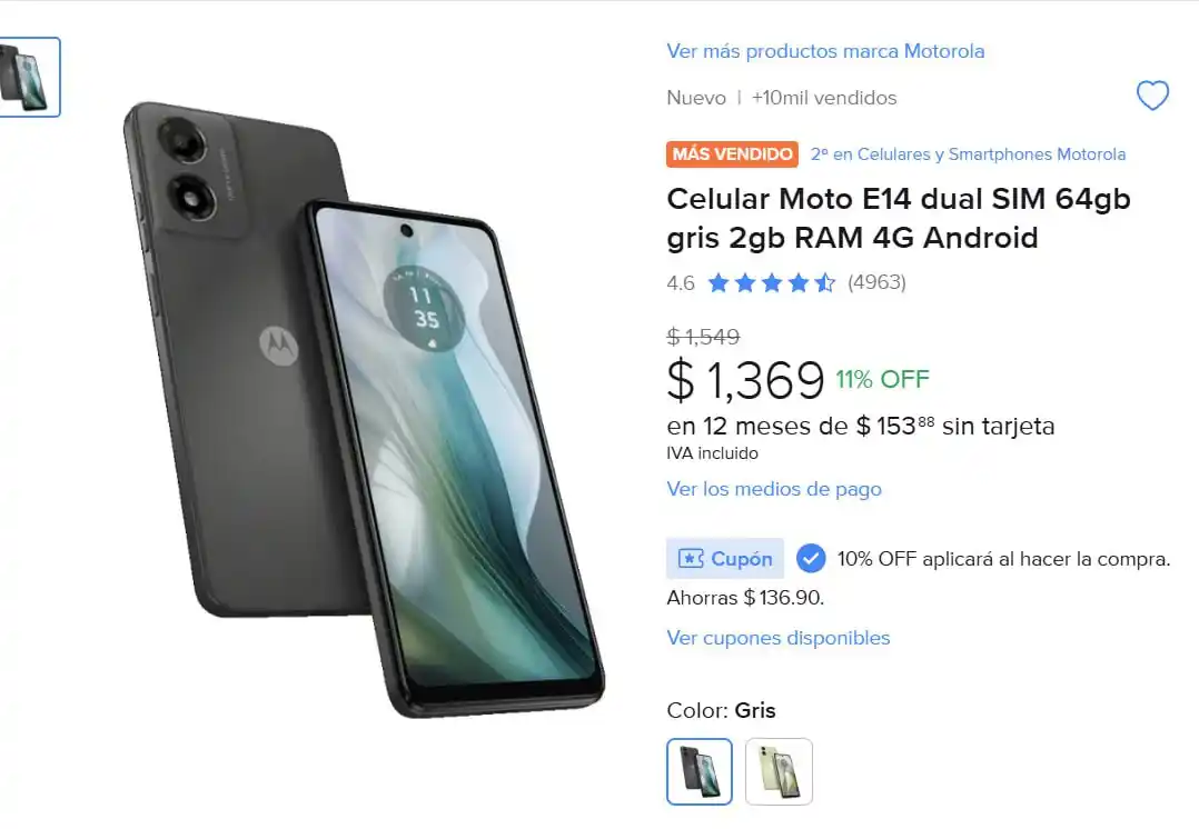 Image from Ofertones México : MercadoLibre: Celular Moto E14 dual SIM 64gb gris 2gb RAM 4G Android✅C...