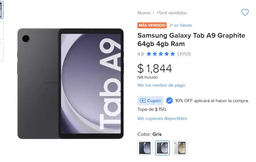 Image from Ofertones México : MercadoLibre: Samsung Galaxy Tab A9 Graphite 64gb 4gb Ram✅CON CUPÓN✅ ...