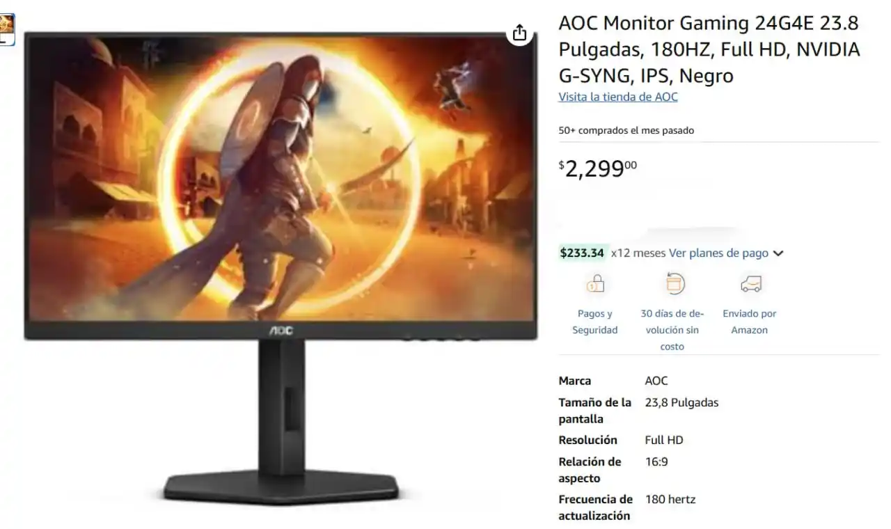 Image from Ofertones México : OFERTA IMPERDIBLE: AOC MONITOR GAMING 24G4E 23.8" - 180HZ, FULL HD 🚀�...