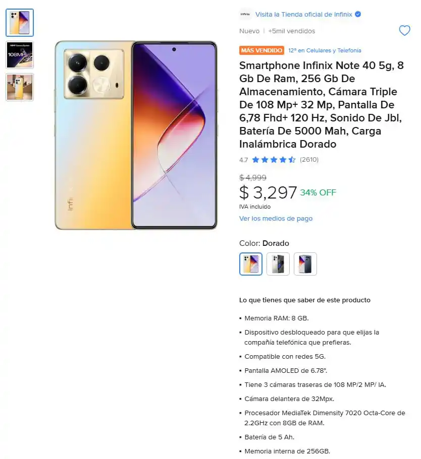 Image from Ofertones México : ¡OFERTA IMPERDIBLE! SMARTPHONE INFINIX NOTE 40 5G CON CÁMARA TRIPLE DE...