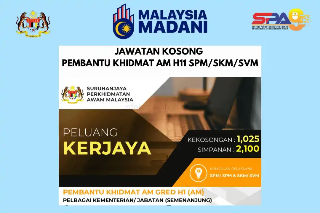 Image from Jawatan Kosong Kerajaan & Lain² Info Bermanfaat: Permohonan Jawatan Pembantu Khidmat Am H1 (Am) 2025 - 1,025 Kekosongan...