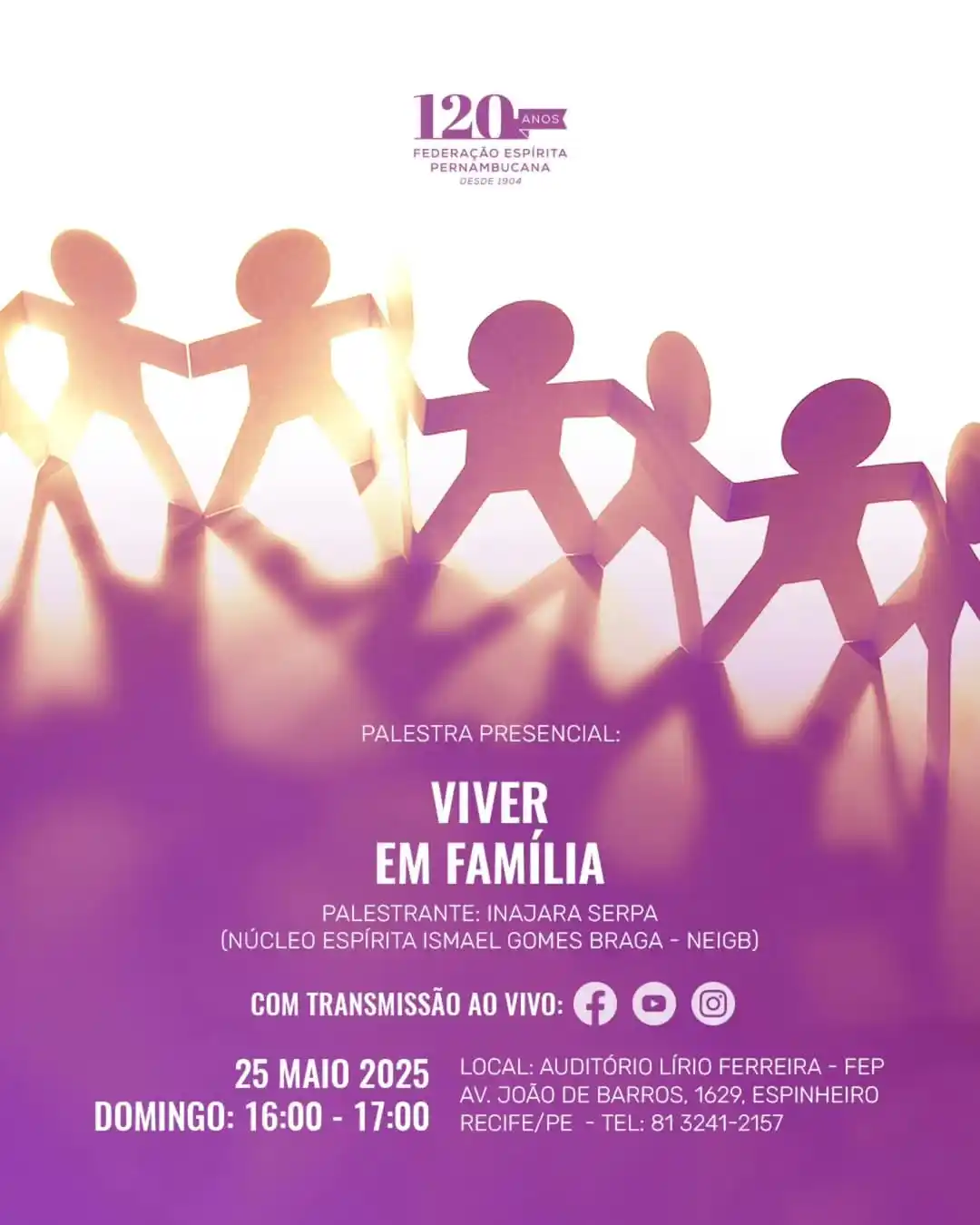 Image from Federação Espírita Pernambucana: 📝Programe-se! . 📅Neste domingo, dia 25 de maio, das 16h às 17h, a FE...
