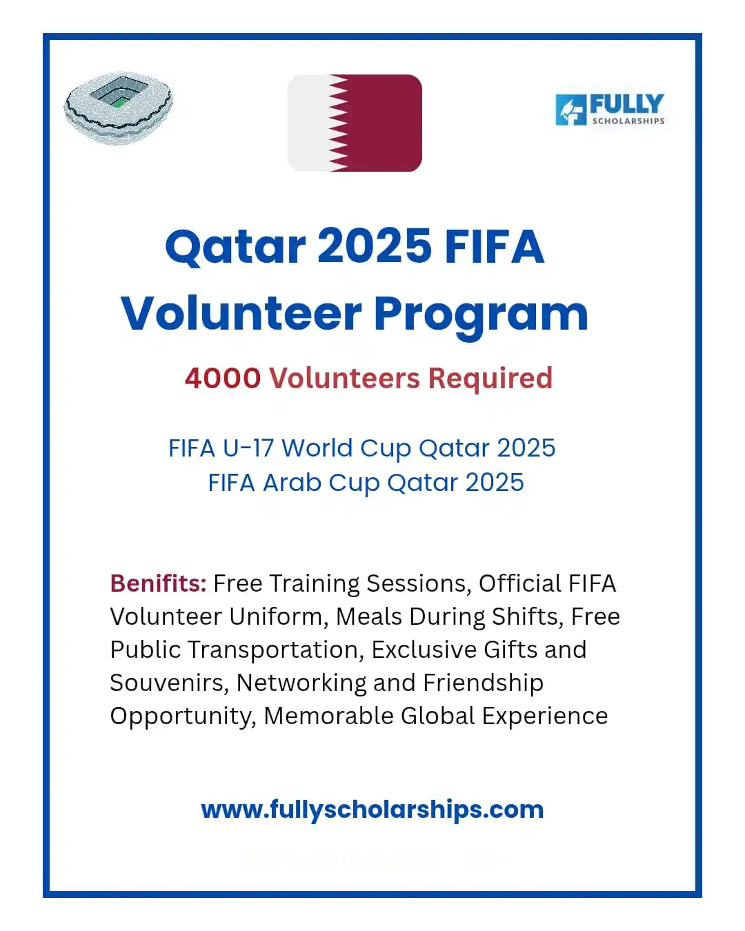 Image from Fully Scholarships: 🏆 𝗤𝗮𝘁𝗮𝗿 𝗙𝗜𝗙𝗔 𝗩𝗼𝗹𝘂𝗻𝘁𝗲𝗲𝗿 𝗣𝗿𝗼𝗴𝗿𝗮𝗺 𝟮𝟬𝟮𝟱 | 𝟰...