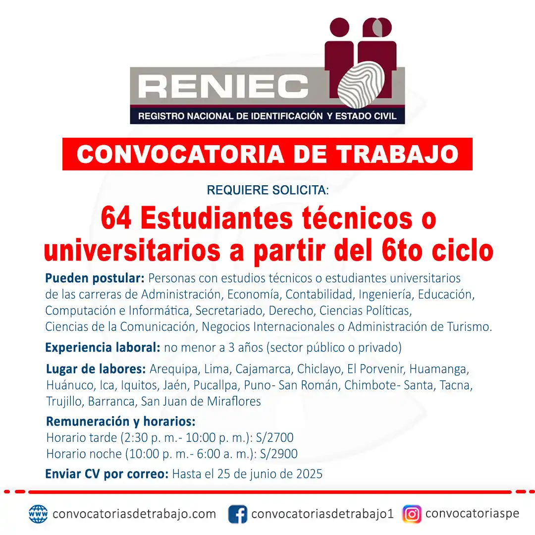 Image from Convocatorias Neg. Internacionales: Empleos - Prácticas - Capacitaciones: 📣 RENIEC brinda 64 trabajos 📄 Más información 👉 https://www.convoc...