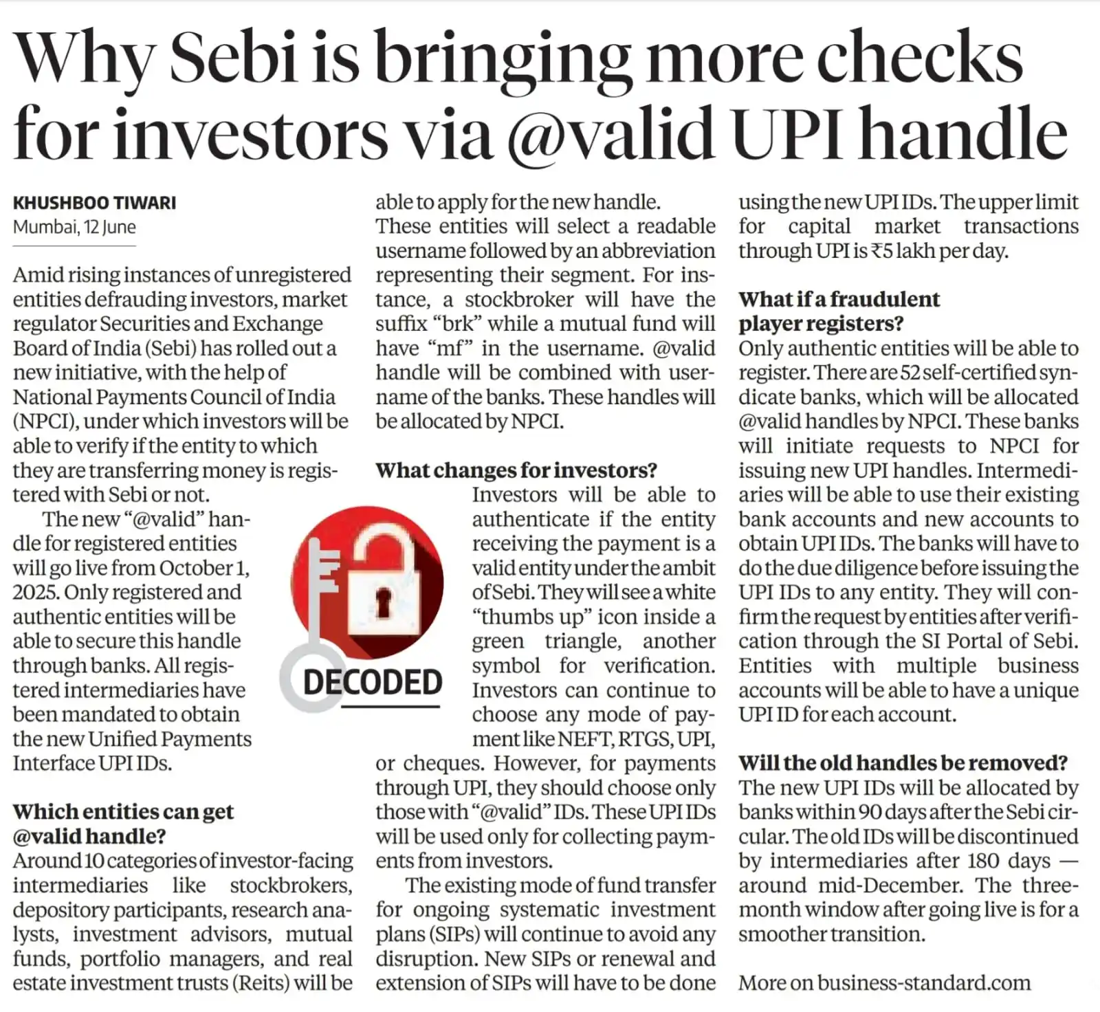 Image from Prateek Garg & Company: SEBI to Mandate @valid UPI Handles for Investor Payments from Oct 2025...