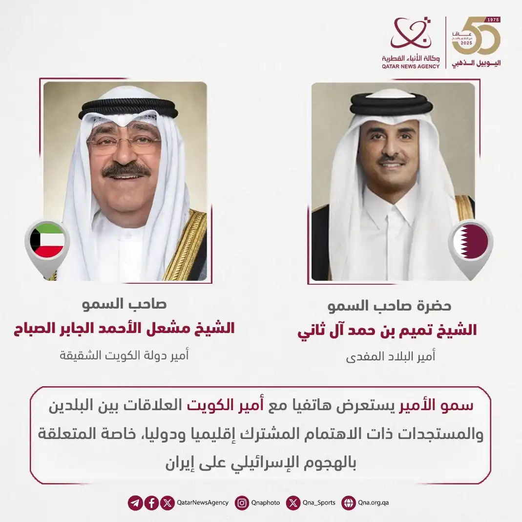 Image from وكالة الأنباء القطرية: ‏سمو الأمير يستعرض هاتفيا مع أمير الكويت العلاقات بين البلدين والمستجد...