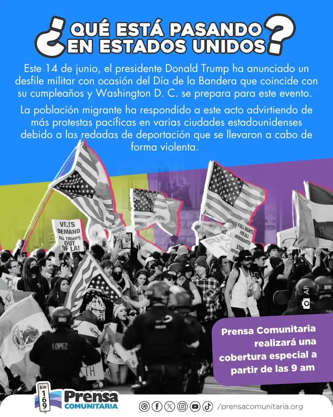 Image from Prensa Comunitaria Km.169: Trump celebrará su cumpleaños con un desfile militar por el Día de la ...