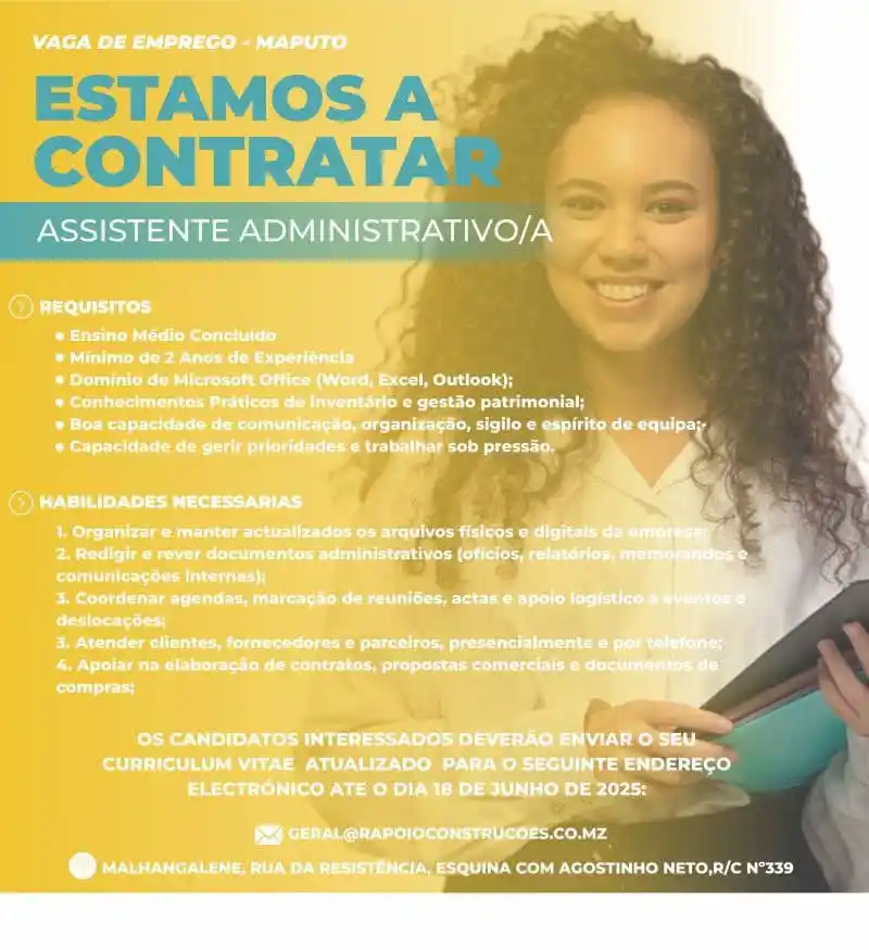 Image from News Online Moz Condutores Lda: VAGA - Assistente Administrativo (m/f) Empresa: Rapoio Serviços de Con...