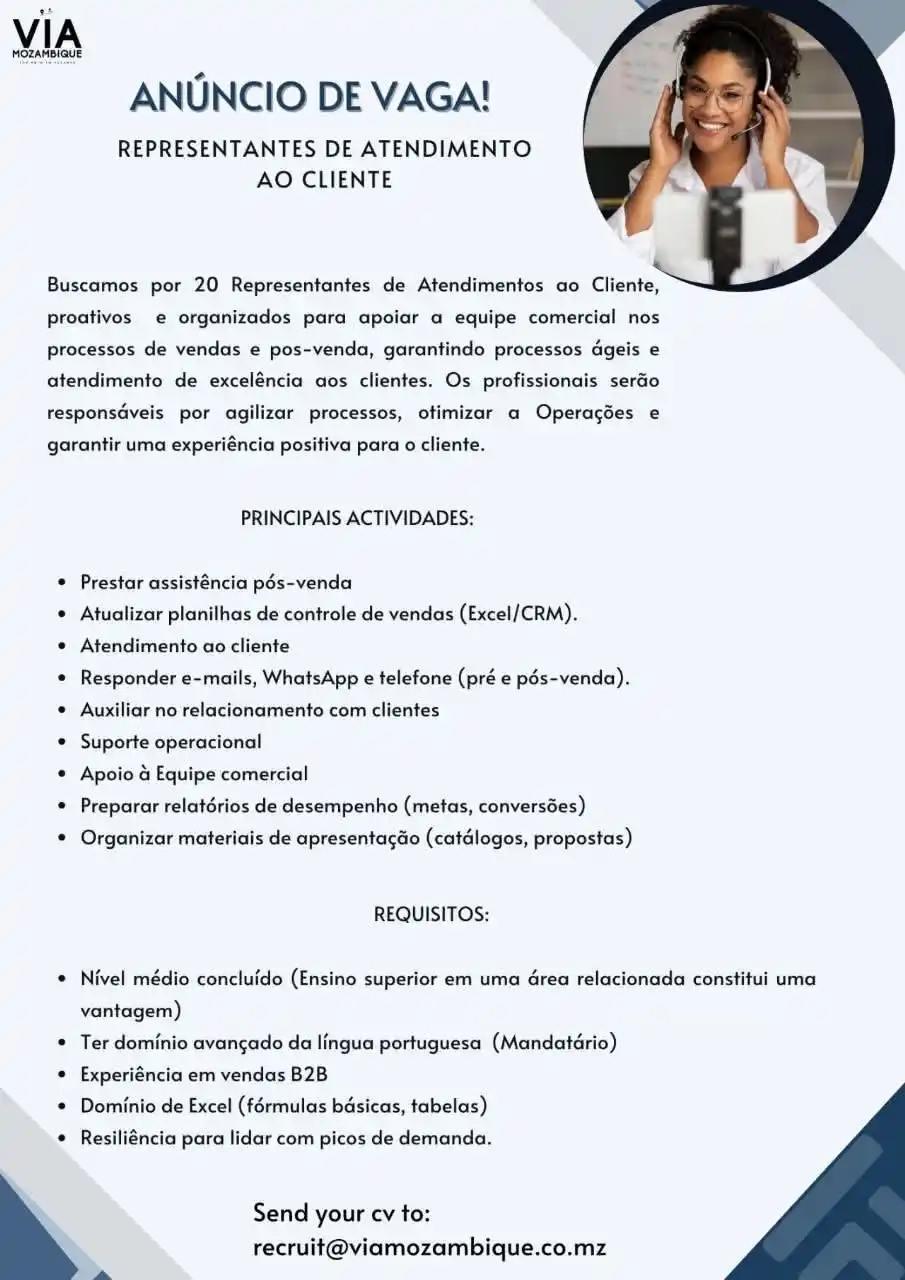 Image from News Online Moz Condutores Lda: VAGAS - Representantes de Atendimento ao Cliente Empresa: VIA MOZAMBIQ...