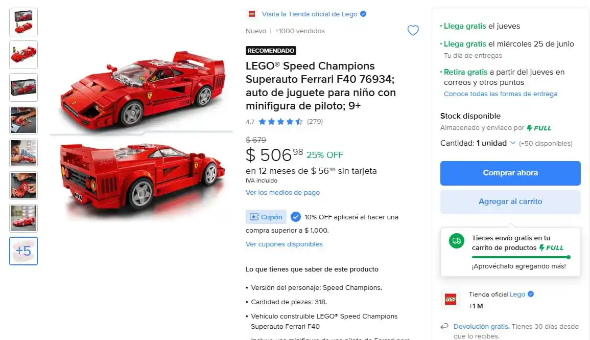 Image from Ofertones México : ¡VE A TODA VELOCIDAD CON EL FERRARI F40! 🏎🔥 MercadoLibre: Lego® Spee...