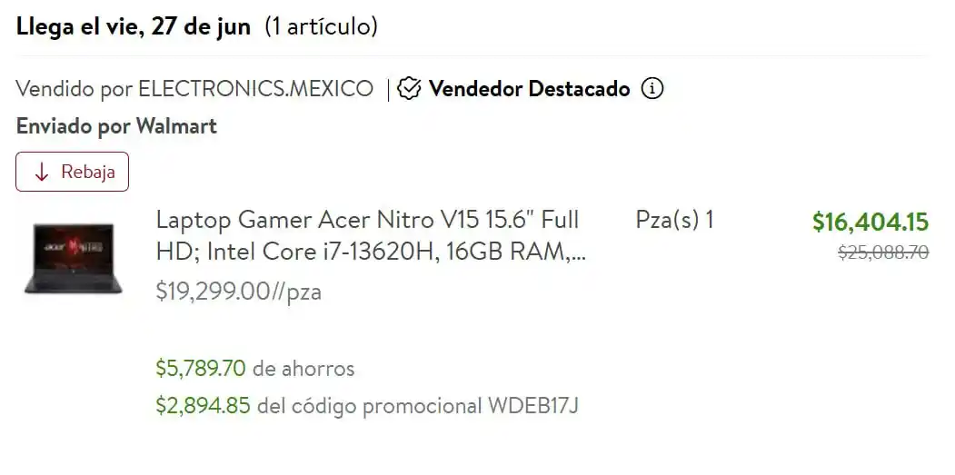 Image from Ofertones México : Walmart: Laptop Gamer Acer Nitro V15 15.6" Full HD; Intel Core i7-1362...