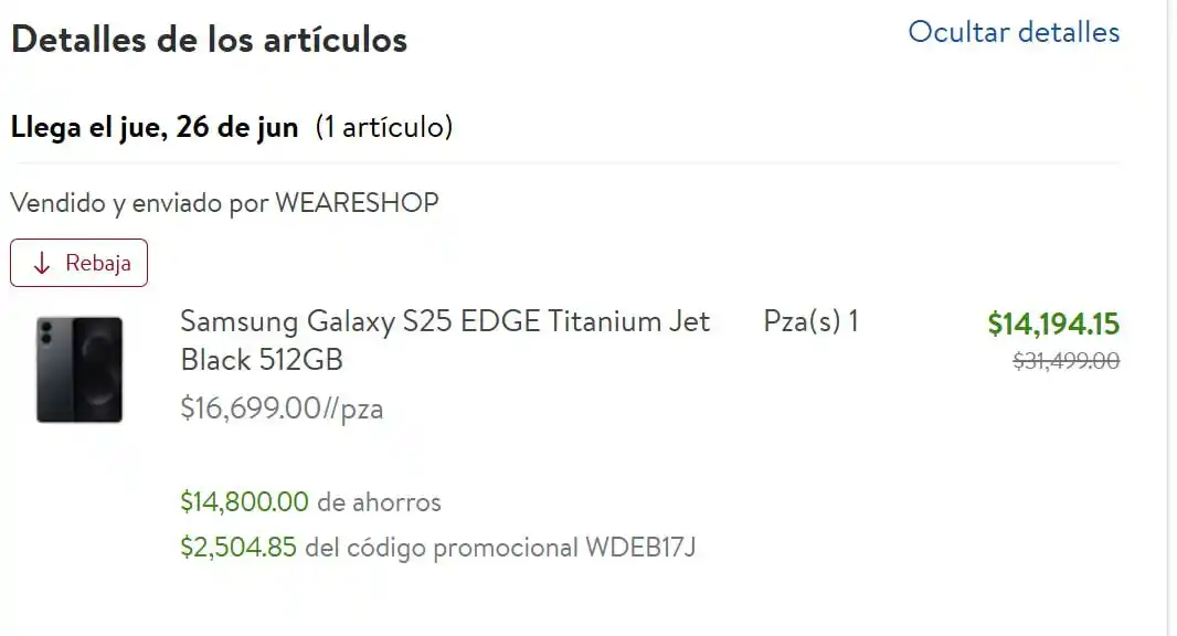 Image from Ofertones México : Walmart: Samsung Galaxy S25 EDGE Titanium Jet Black 512GB 👉Ver Ofert...