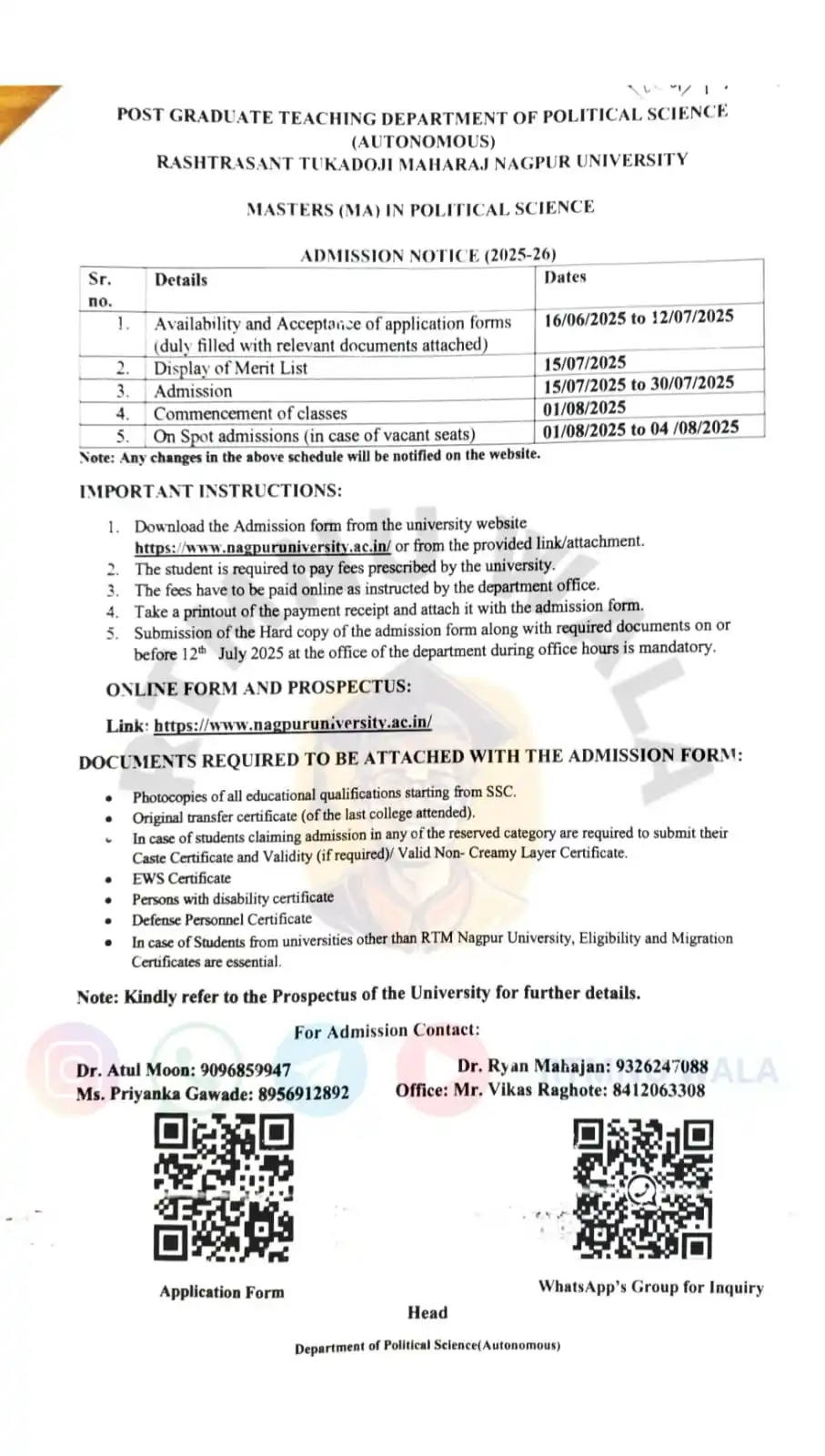 Image from RTMNU WALA: *Admission Notice for Master in Arts (MA) Political Science 2025-26* ...