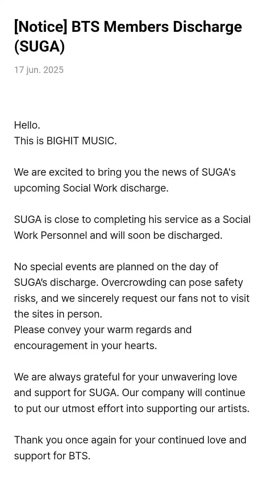 Image from 𔘓 !  mᥲzᥲ⍴ᥲ́ᥒ 🎀: 💌 [COMUNICADO OFICIAL DE BIGHIT MUSIC]  Hola, Somos BIGHIT MUSIC.  Co...