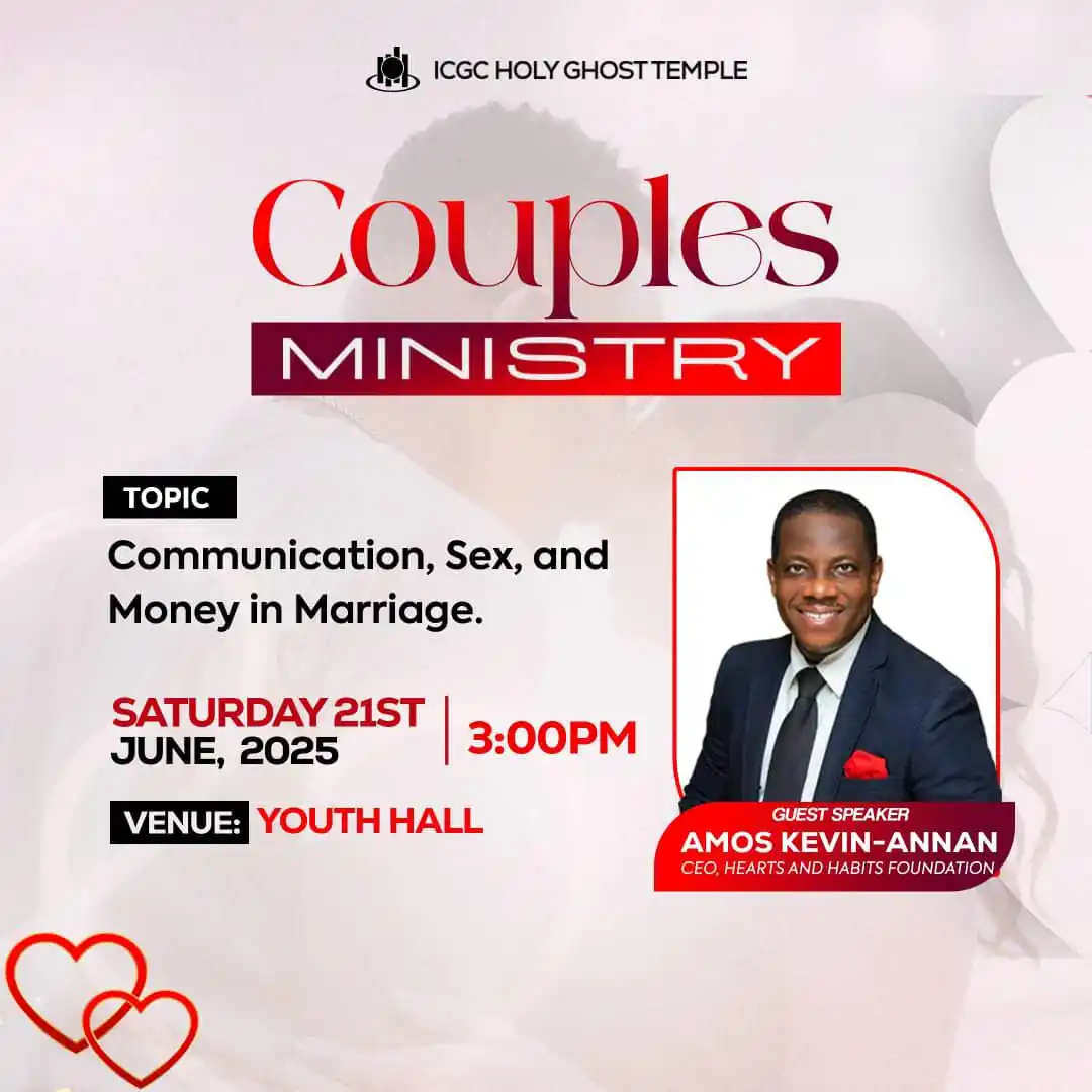 Image from ICGC, Holy Ghost Temple : 👩❤️💋👨 *Couples Meeting* 👫🏽
All married couples are invited to...