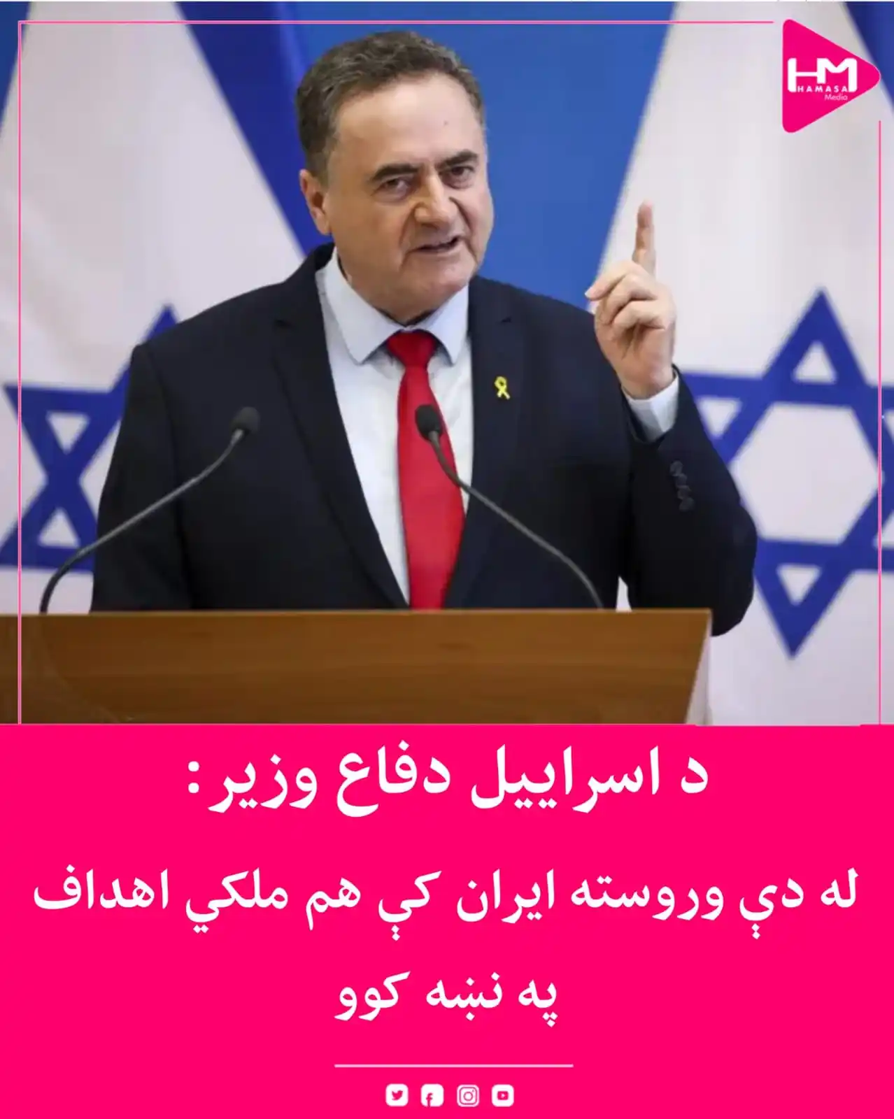 Image from Hamasa Media: د اسراییل دفاع وزیر اسراییل کاتز خبرداری ورکړی، چې د ایران وګړي به په...