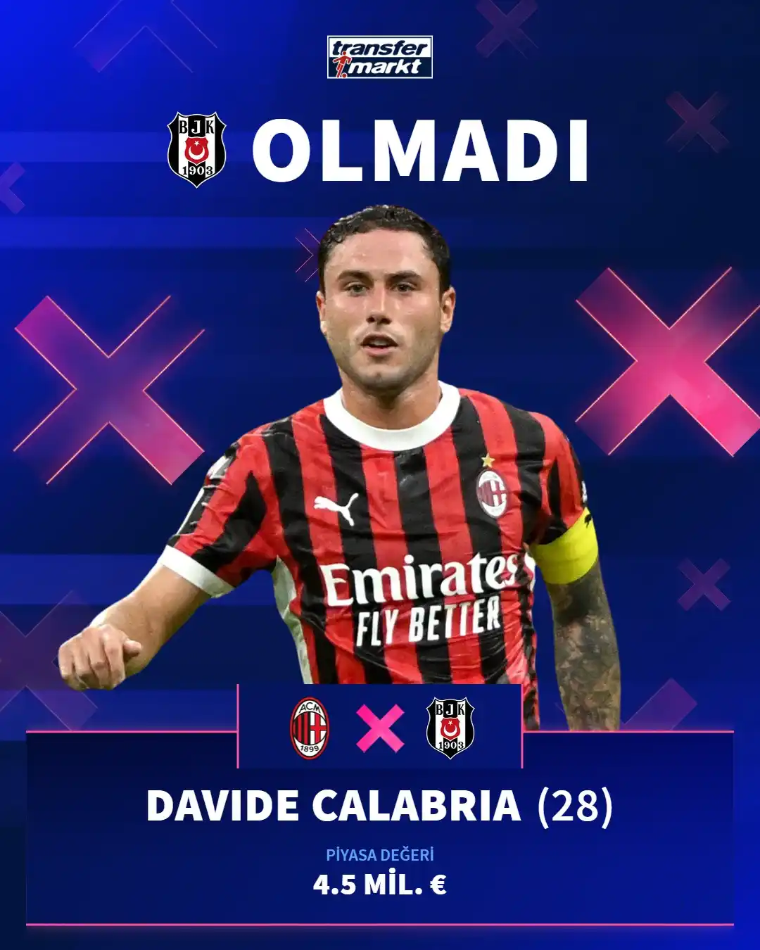 Image from Transfermarkt.com.tr: 🦅 Davide Calabria menajerler tarafından Beşiktaş'a önerildi! ❌ Başka...