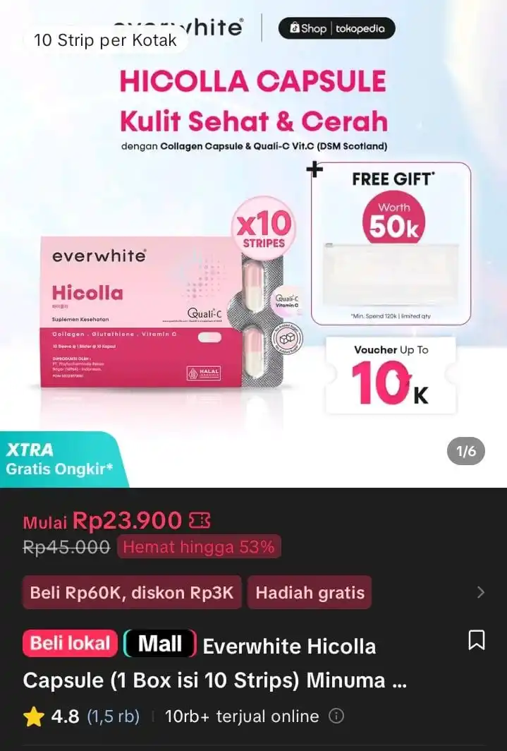 Image from Racun Shopee X Tiktok ( tiktokshop-tokopedia )⭐️: Everwhite Hicolla Capsule (1 Box isi 10 Strips) Minuman Kolagen Pencer...