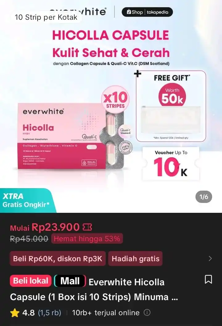 Image from Racun Shopee X Tiktok ( tiktokshop-tokopedia )⭐️: Everwhite Hicolla Capsule (1 Box isi 10 Strips) Minuman Kolagen Pencer...