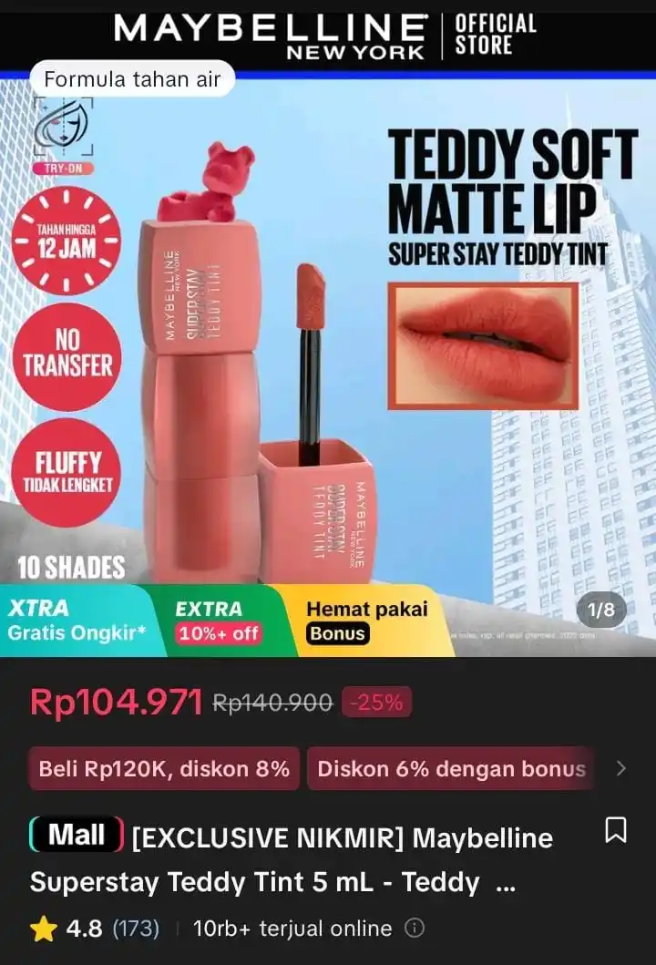 Image from Racun Shopee X Tiktok ( tiktokshop-tokopedia )⭐️: [EXCLUSIVE NIKMIR] Maybelline Superstay Teddy Tint 5 mL -  Teddy Soft ...