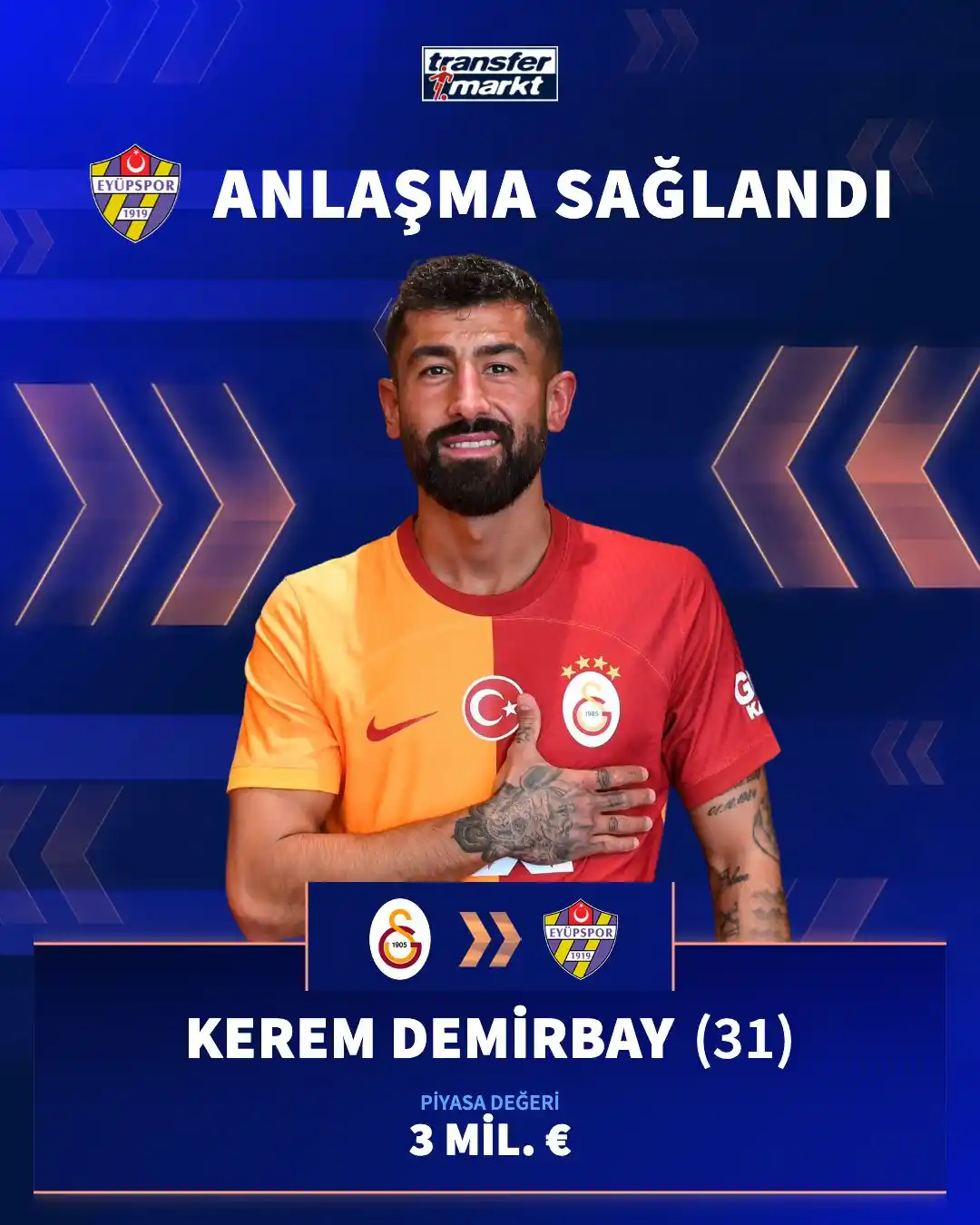 Image from Transfermarkt.com.tr: 🤝 Eyüpspor, Kerem Demirbay transferi için Galatasaray ile anlaşma sağ...