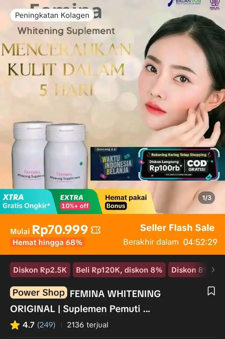 Image from Racun Shopee X Tiktok ( tiktokshop-tokopedia )⭐️: FEMINA WHITENING ORIGINAL | Suplemen Pemutih Badan,Mencerahkan BPOM AM...