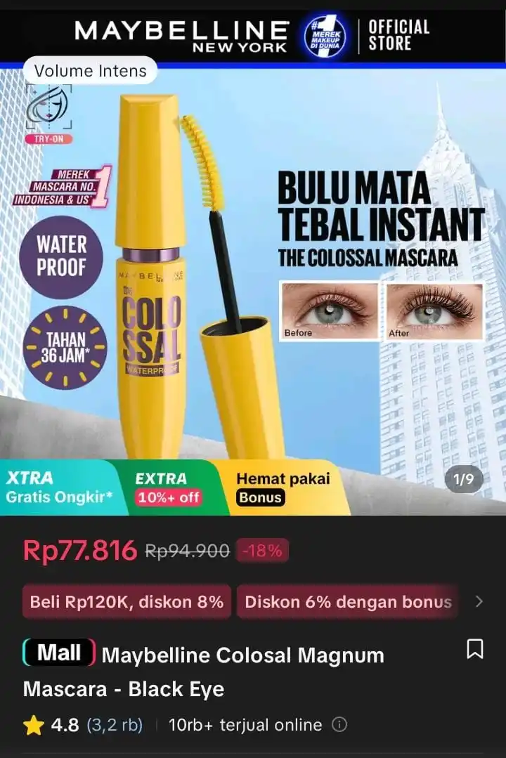 Image from Racun Shopee X Tiktok ( tiktokshop-tokopedia )⭐️: Maybelline Colosal Magnum Mascara - Black Eye https://vt.tokopedia.com...