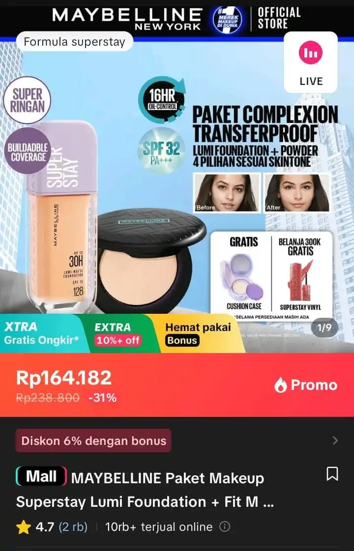 Image from Racun Shopee X Tiktok ( tiktokshop-tokopedia )⭐️: MAYBELLINE Paket Makeup Superstay Lumi Foundation + Fit Me Compact Pow...