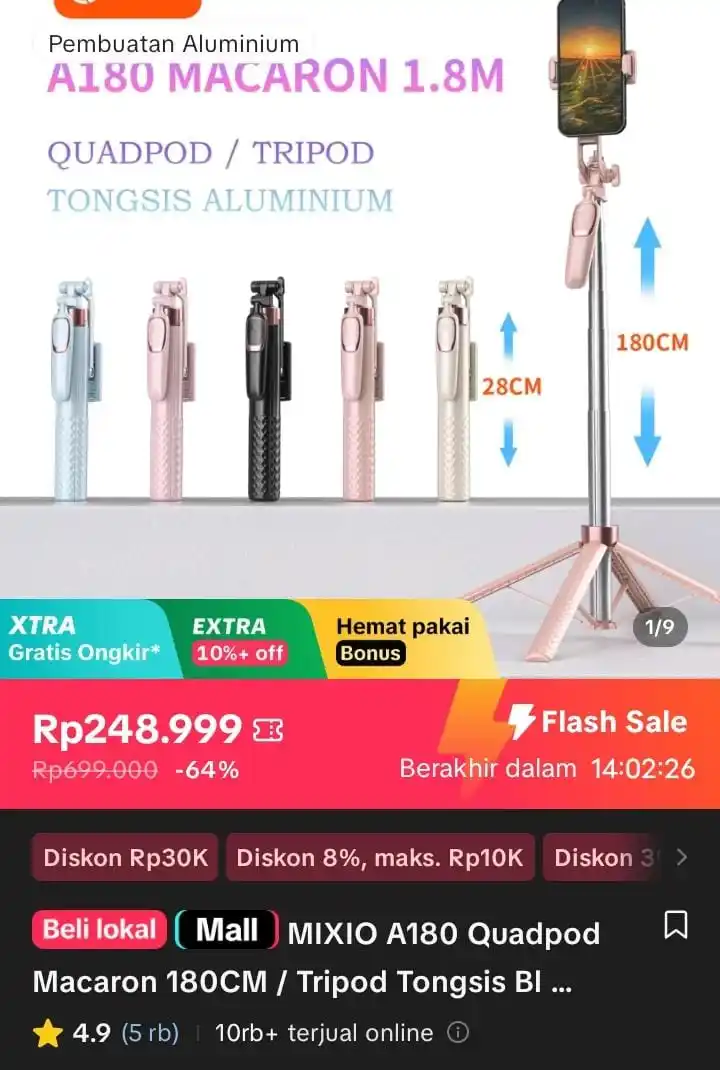 Image from Racun Shopee X Tiktok ( tiktokshop-tokopedia )⭐️: MIXIO A180 Quadpod Macaron 180CM / Tripod Tongsis Bluetooth Premium Re...