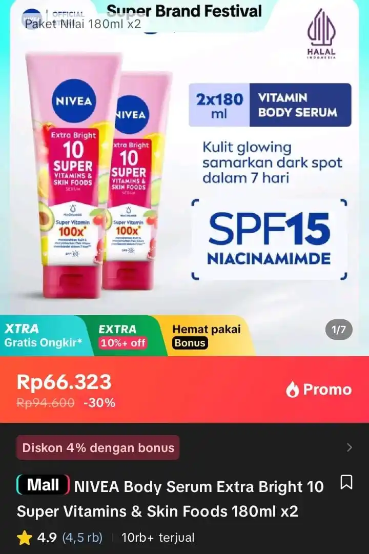 Image from Racun Shopee X Tiktok ( tiktokshop-tokopedia )⭐️: NIVEA Body Serum Extra Bright 10 Super Vitamins & Skin Foods 180ml x2 ...