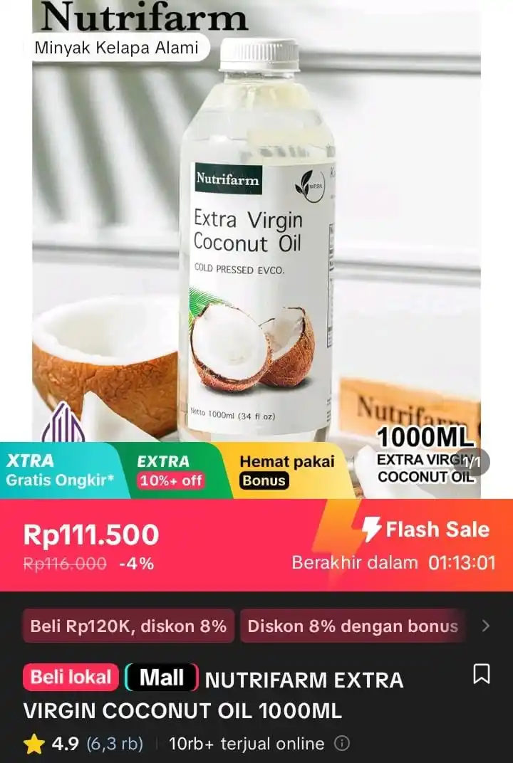 Image from Racun Shopee X Tiktok ( tiktokshop-tokopedia )⭐️: NUTRIFARM EXTRA VIRGIN COCONUT OIL 1000ML https://vt.tokopedia.com/t/Z...